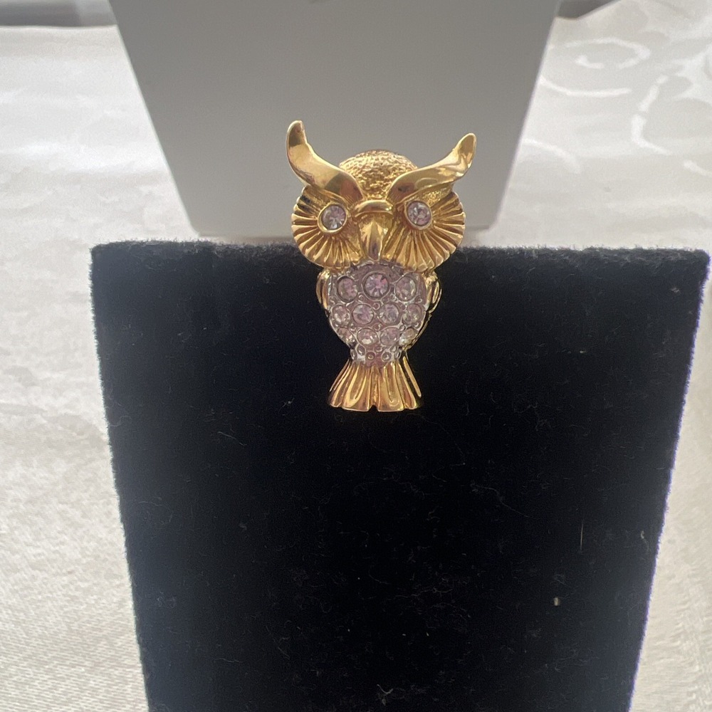 Vintage Rhinestone Owl Pin Brooch Gold Tone Bird Jewelry Accessory